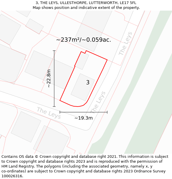 3, THE LEYS, ULLESTHORPE, LUTTERWORTH, LE17 5FL: Plot and title map