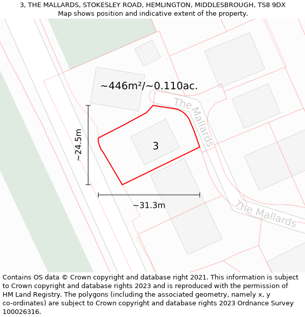 3, THE MALLARDS, STOKESLEY ROAD, HEMLINGTON, MIDDLESBROUGH, TS8 9DX: Plot and title map