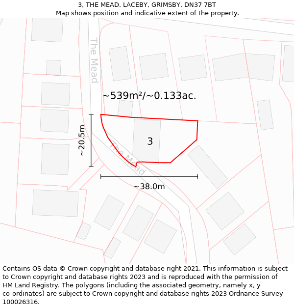 3, THE MEAD, LACEBY, GRIMSBY, DN37 7BT: Plot and title map