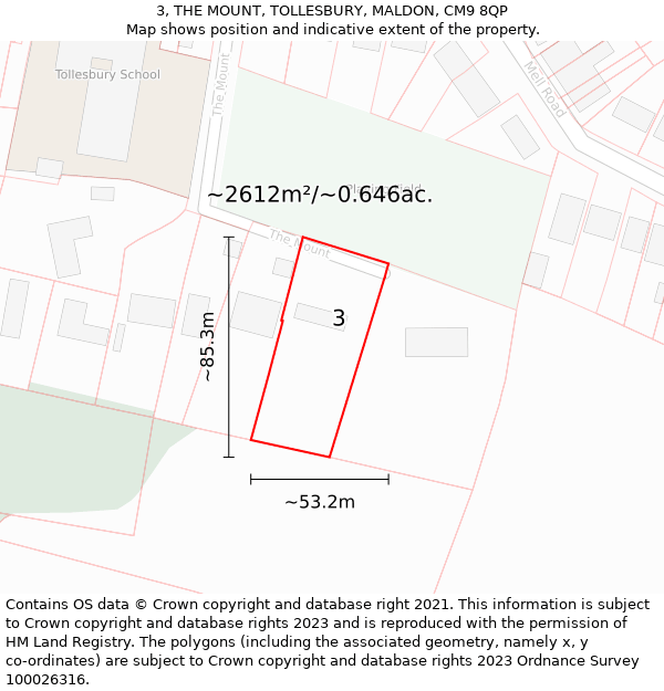 3, THE MOUNT, TOLLESBURY, MALDON, CM9 8QP: Plot and title map