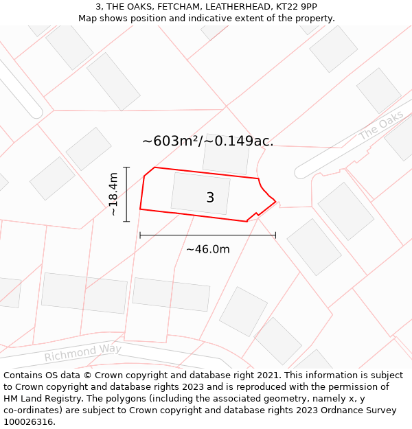 3, THE OAKS, FETCHAM, LEATHERHEAD, KT22 9PP: Plot and title map