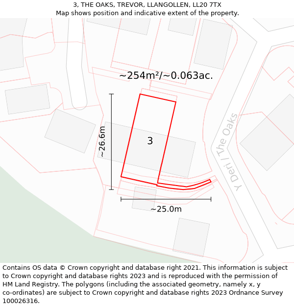 3, THE OAKS, TREVOR, LLANGOLLEN, LL20 7TX: Plot and title map