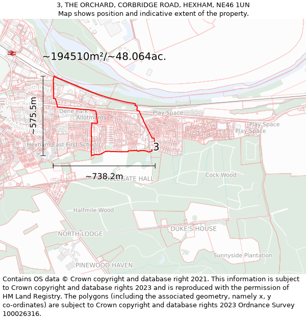 3, THE ORCHARD, CORBRIDGE ROAD, HEXHAM, NE46 1UN: Plot and title map