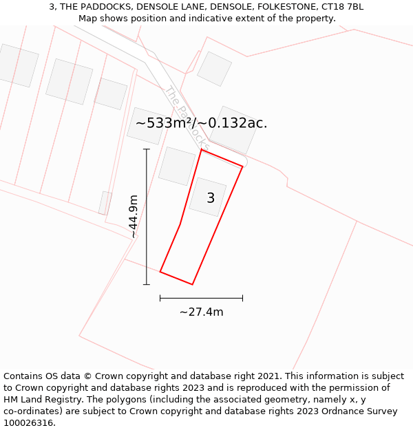 3, THE PADDOCKS, DENSOLE LANE, DENSOLE, FOLKESTONE, CT18 7BL: Plot and title map