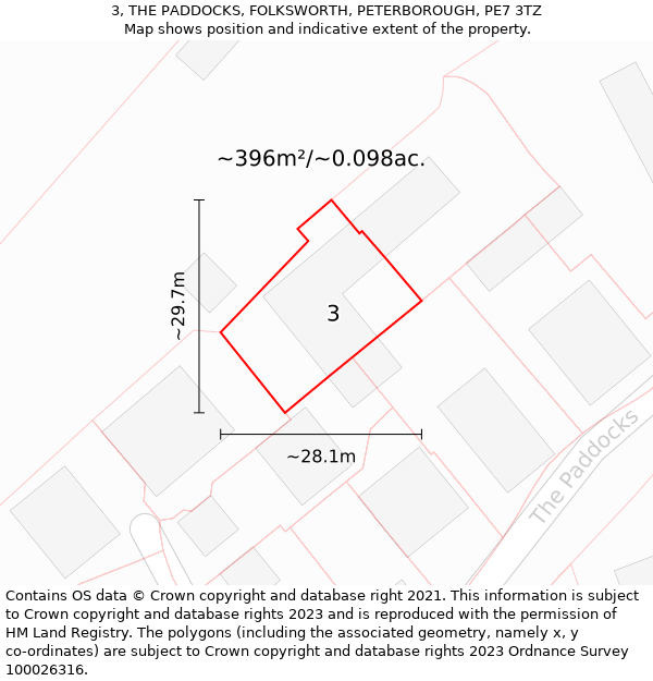 3, THE PADDOCKS, FOLKSWORTH, PETERBOROUGH, PE7 3TZ: Plot and title map