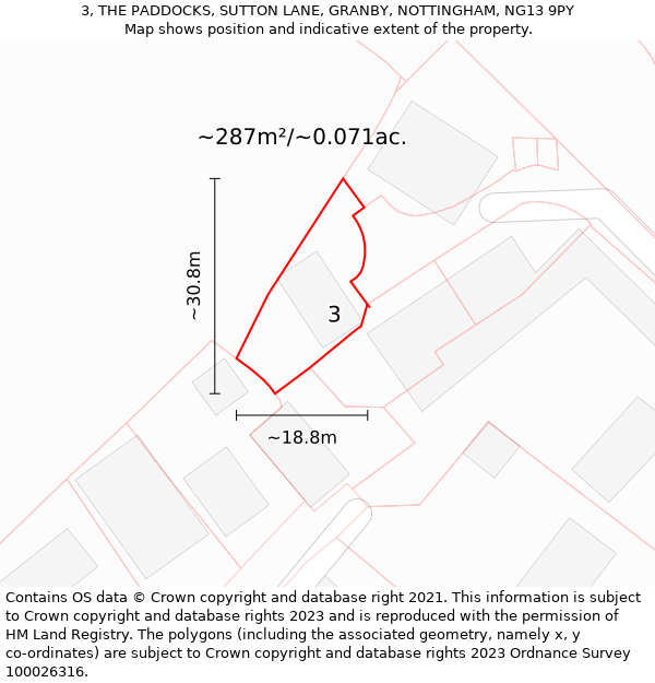 3, THE PADDOCKS, SUTTON LANE, GRANBY, NOTTINGHAM, NG13 9PY: Plot and title map