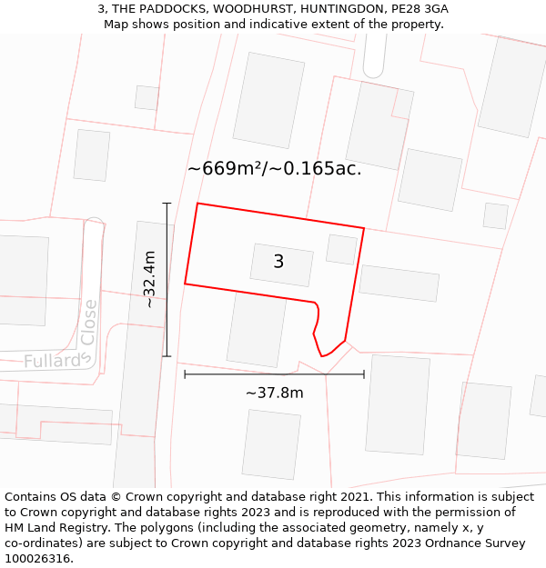 3, THE PADDOCKS, WOODHURST, HUNTINGDON, PE28 3GA: Plot and title map