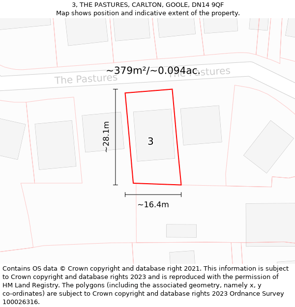 3, THE PASTURES, CARLTON, GOOLE, DN14 9QF: Plot and title map