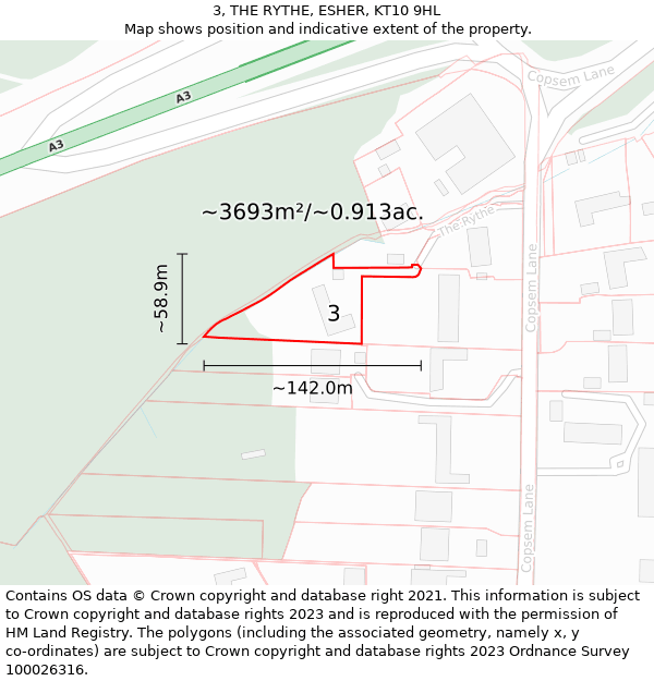 3, THE RYTHE, ESHER, KT10 9HL: Plot and title map