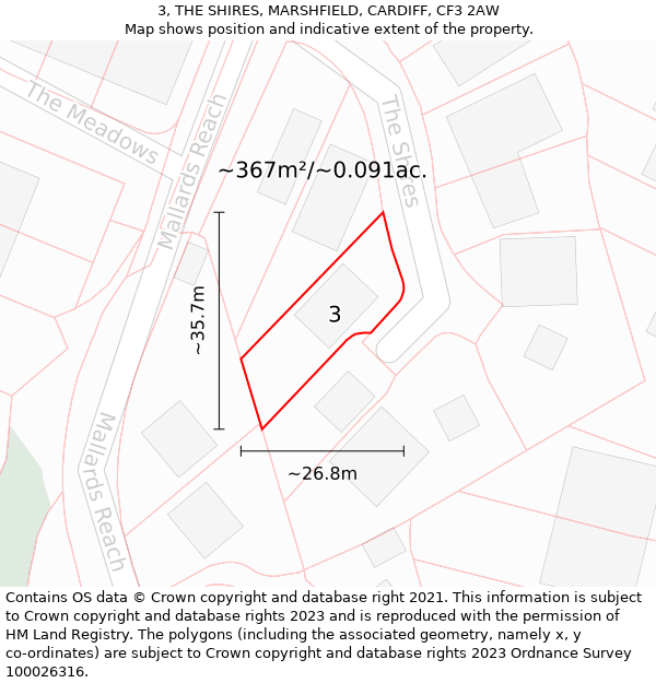 3, THE SHIRES, MARSHFIELD, CARDIFF, CF3 2AW: Plot and title map