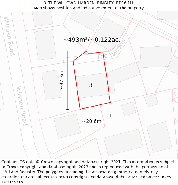 3, THE WILLOWS, HARDEN, BINGLEY, BD16 1LL: Plot and title map