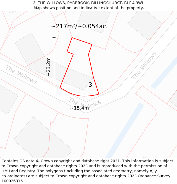 3, THE WILLOWS, PARBROOK, BILLINGSHURST, RH14 9WL: Plot and title map