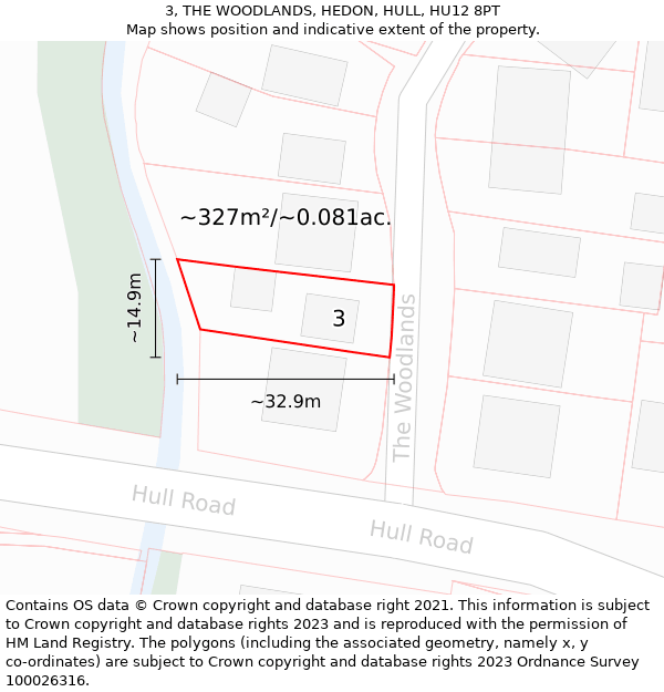 3, THE WOODLANDS, HEDON, HULL, HU12 8PT: Plot and title map