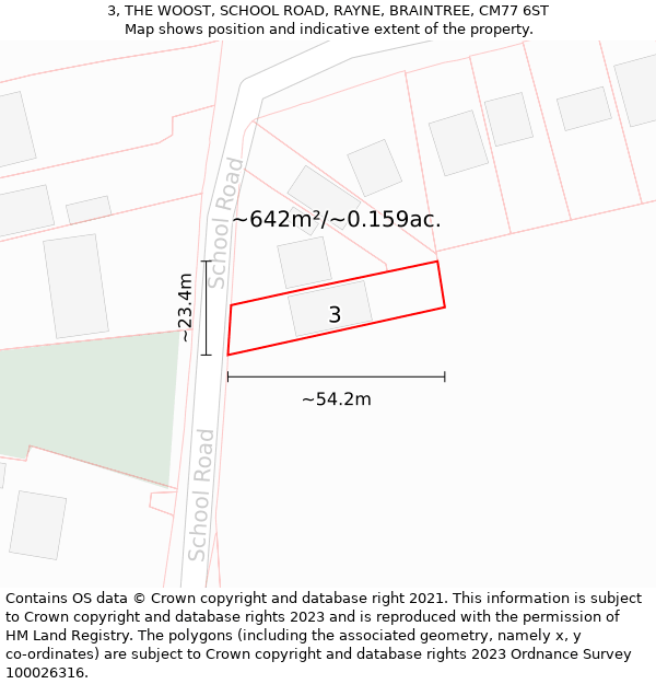 3, THE WOOST, SCHOOL ROAD, RAYNE, BRAINTREE, CM77 6ST: Plot and title map