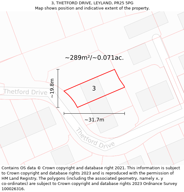 3, THETFORD DRIVE, LEYLAND, PR25 5PG: Plot and title map