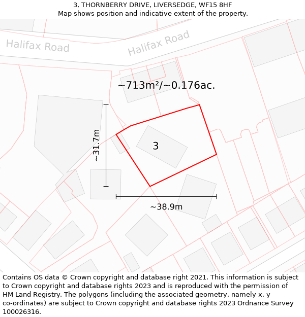 3, THORNBERRY DRIVE, LIVERSEDGE, WF15 8HF: Plot and title map