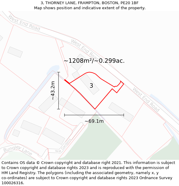 3, THORNEY LANE, FRAMPTON, BOSTON, PE20 1BF: Plot and title map