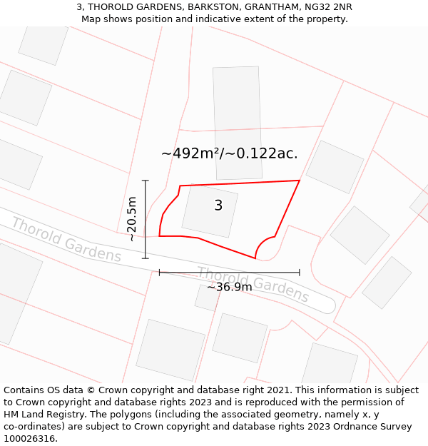 3, THOROLD GARDENS, BARKSTON, GRANTHAM, NG32 2NR: Plot and title map