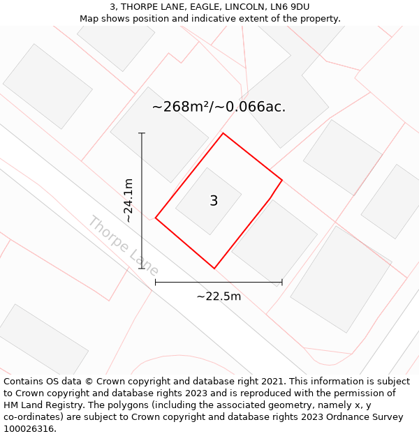 3, THORPE LANE, EAGLE, LINCOLN, LN6 9DU: Plot and title map