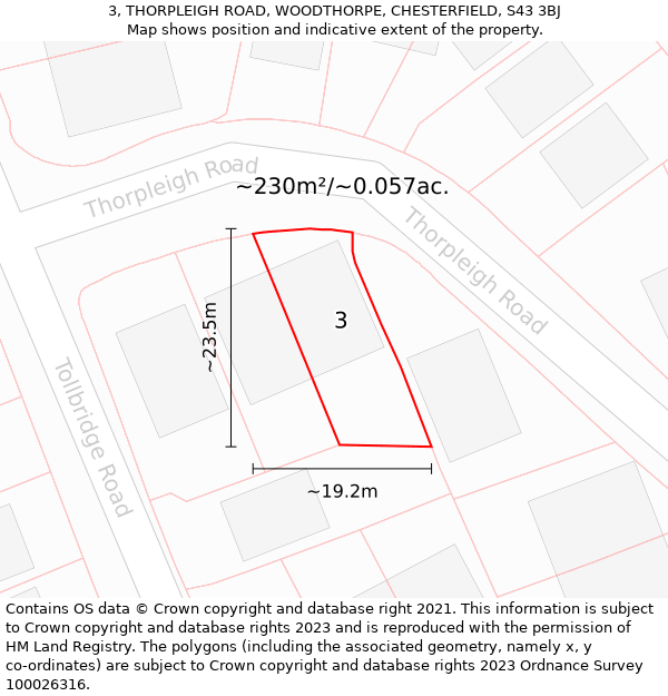 3, THORPLEIGH ROAD, WOODTHORPE, CHESTERFIELD, S43 3BJ: Plot and title map