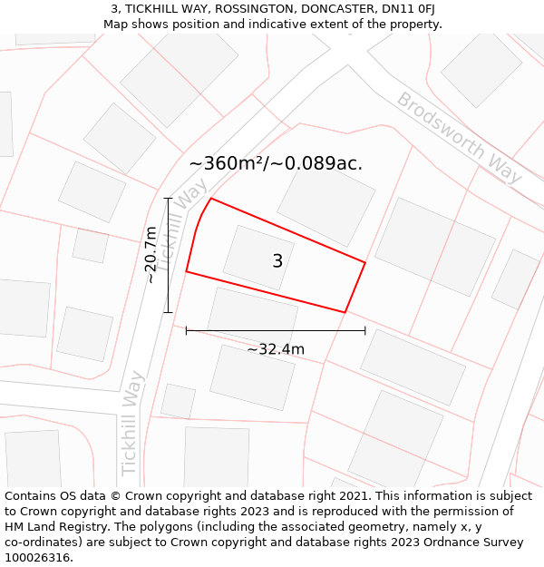 3, TICKHILL WAY, ROSSINGTON, DONCASTER, DN11 0FJ: Plot and title map