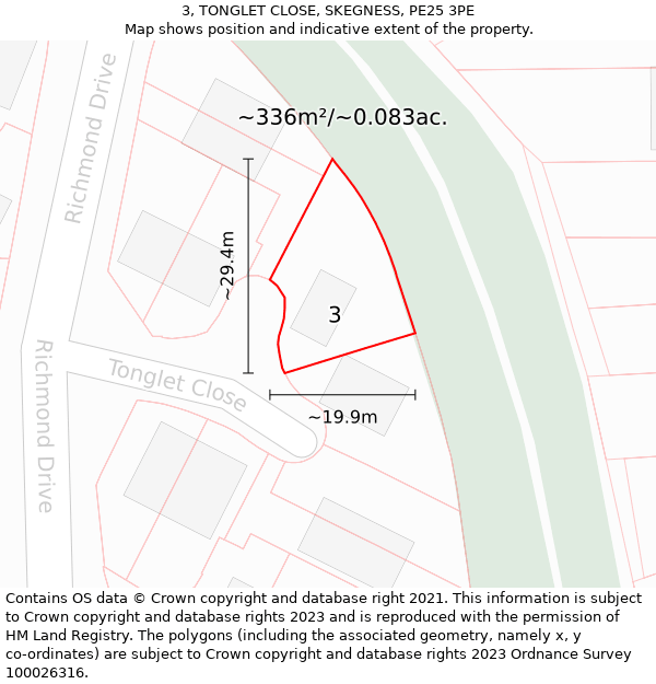 3, TONGLET CLOSE, SKEGNESS, PE25 3PE: Plot and title map