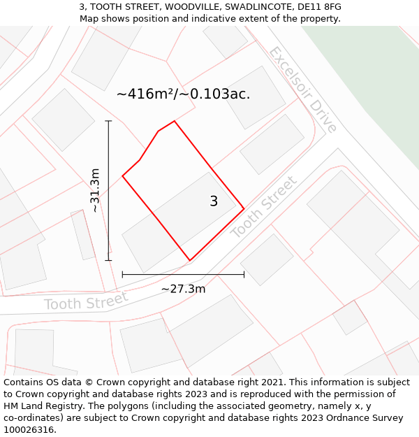 3, TOOTH STREET, WOODVILLE, SWADLINCOTE, DE11 8FG: Plot and title map