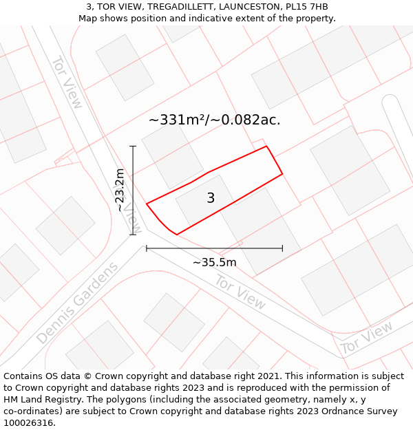 3, TOR VIEW, TREGADILLETT, LAUNCESTON, PL15 7HB: Plot and title map