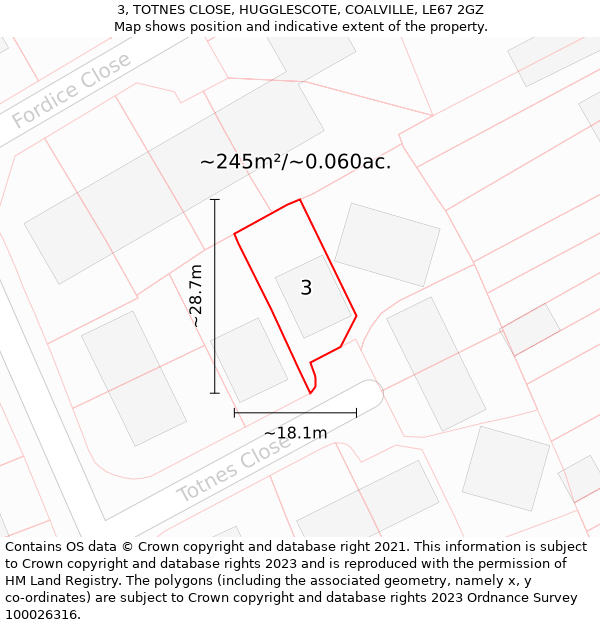 3, TOTNES CLOSE, HUGGLESCOTE, COALVILLE, LE67 2GZ: Plot and title map