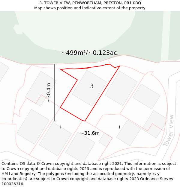 3, TOWER VIEW, PENWORTHAM, PRESTON, PR1 0BQ: Plot and title map