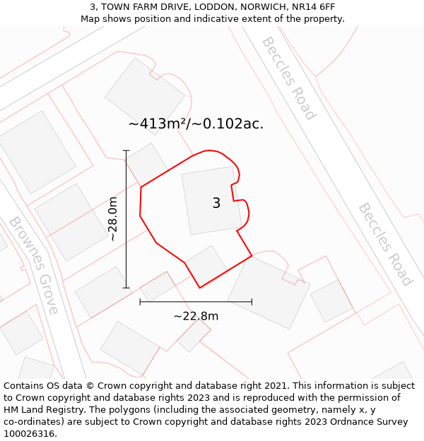 3, TOWN FARM DRIVE, LODDON, NORWICH, NR14 6FF: Plot and title map