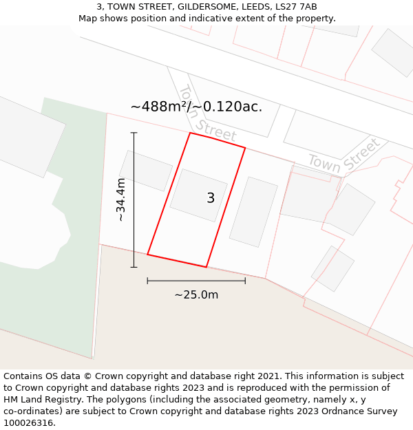 3, TOWN STREET, GILDERSOME, LEEDS, LS27 7AB: Plot and title map
