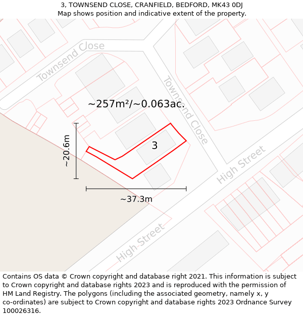 3, TOWNSEND CLOSE, CRANFIELD, BEDFORD, MK43 0DJ: Plot and title map