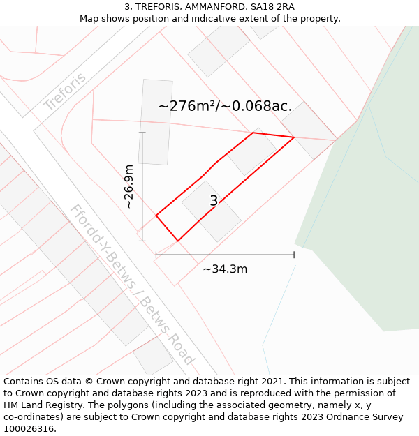 3, TREFORIS, AMMANFORD, SA18 2RA: Plot and title map