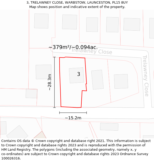 3, TRELAWNEY CLOSE, WARBSTOW, LAUNCESTON, PL15 8UY: Plot and title map