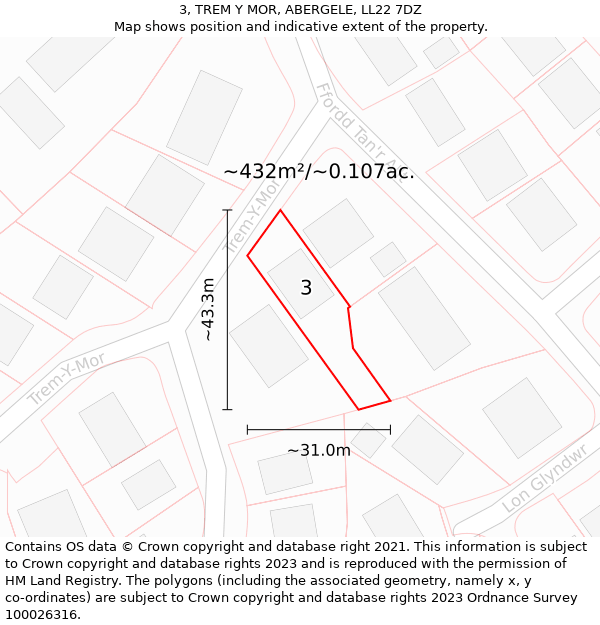 3, TREM Y MOR, ABERGELE, LL22 7DZ: Plot and title map