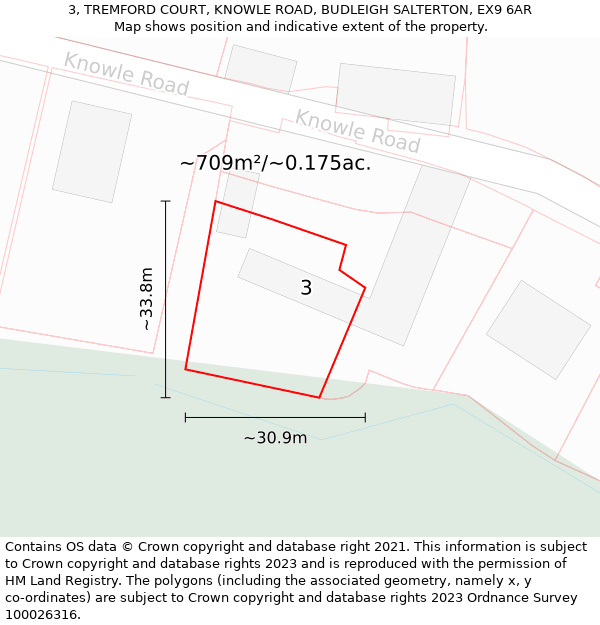 3, TREMFORD COURT, KNOWLE ROAD, BUDLEIGH SALTERTON, EX9 6AR: Plot and title map