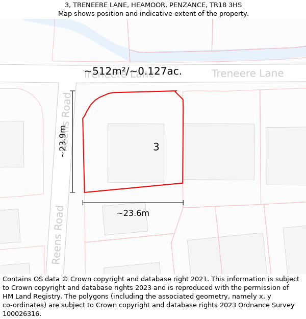 3, TRENEERE LANE, HEAMOOR, PENZANCE, TR18 3HS: Plot and title map