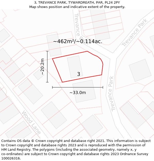 3, TREVANCE PARK, TYWARDREATH, PAR, PL24 2PY: Plot and title map