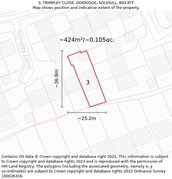 3, TRIMPLEY CLOSE, DORRIDGE, SOLIHULL, B93 8TF: Plot and title map