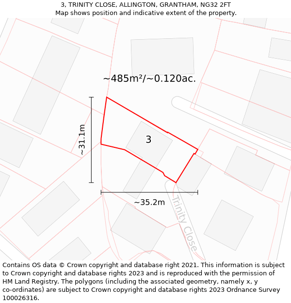 3, TRINITY CLOSE, ALLINGTON, GRANTHAM, NG32 2FT: Plot and title map