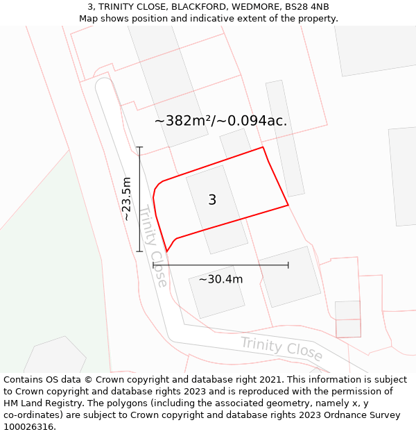 3, TRINITY CLOSE, BLACKFORD, WEDMORE, BS28 4NB: Plot and title map