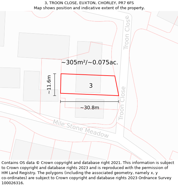 3, TROON CLOSE, EUXTON, CHORLEY, PR7 6FS: Plot and title map