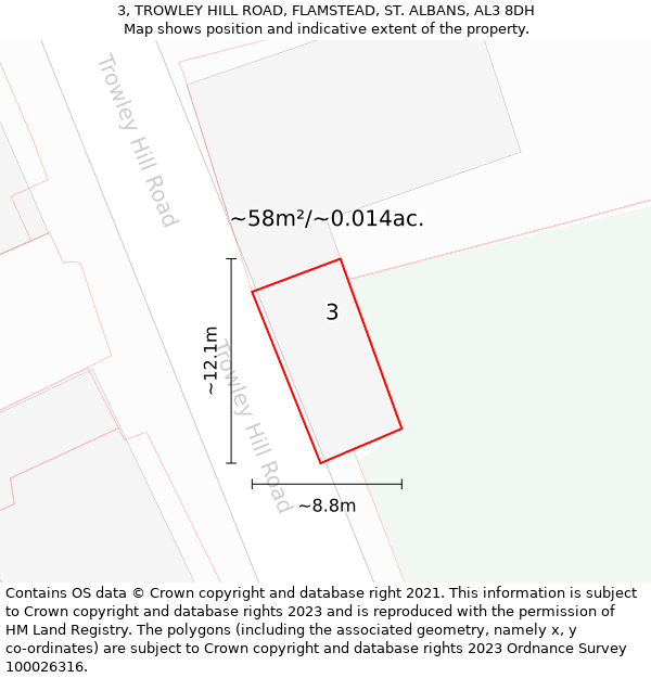 3, TROWLEY HILL ROAD, FLAMSTEAD, ST. ALBANS, AL3 8DH: Plot and title map
