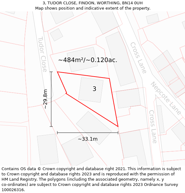 3, TUDOR CLOSE, FINDON, WORTHING, BN14 0UH: Plot and title map