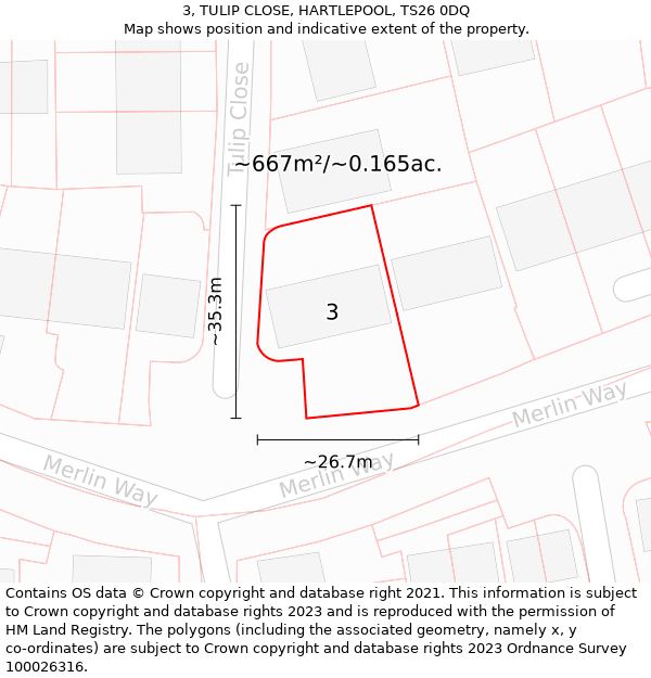 3, TULIP CLOSE, HARTLEPOOL, TS26 0DQ: Plot and title map