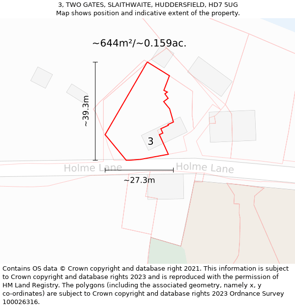 3, TWO GATES, SLAITHWAITE, HUDDERSFIELD, HD7 5UG: Plot and title map