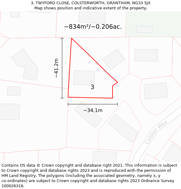 3, TWYFORD CLOSE, COLSTERWORTH, GRANTHAM, NG33 5JX: Plot and title map