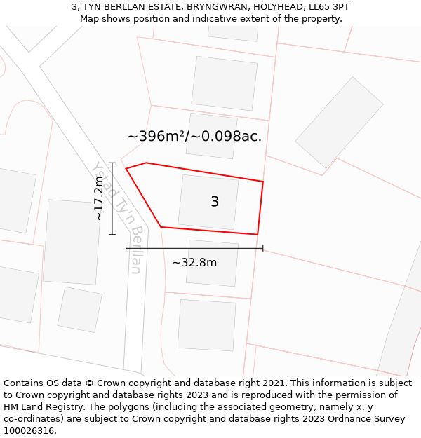 3, TYN BERLLAN ESTATE, BRYNGWRAN, HOLYHEAD, LL65 3PT: Plot and title map