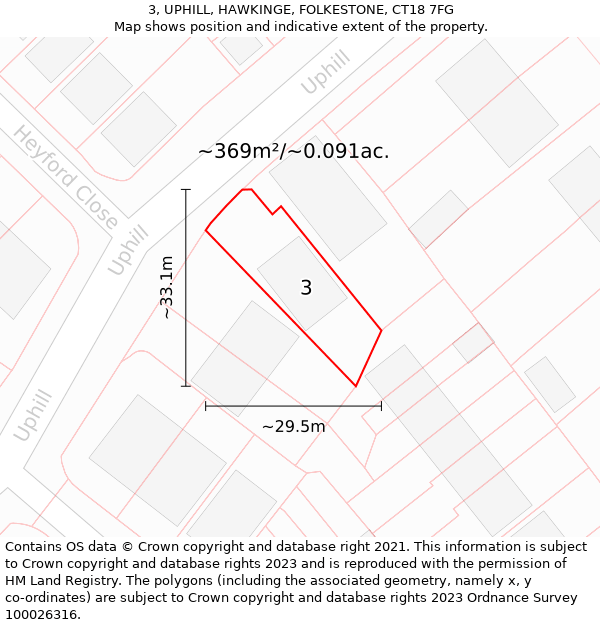 3, UPHILL, HAWKINGE, FOLKESTONE, CT18 7FG: Plot and title map